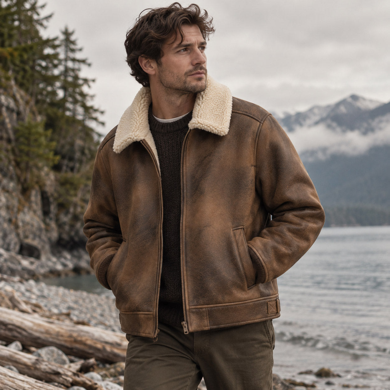 Men's Faux Nubuck Sherpa Aviator Jacket | Rainforest