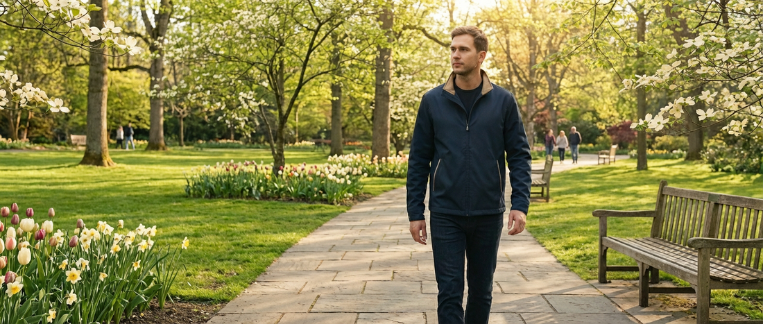Man walking in a park with blooming trees and flowers