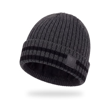 MENS BEANIE DBL STRIPE W/ MOUNTAIN LOGO PATCH