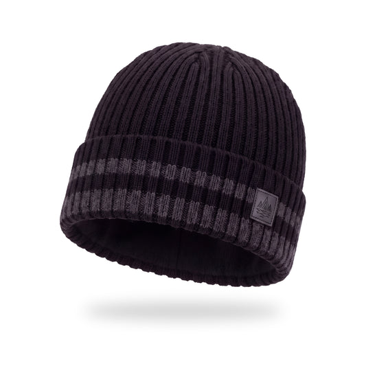 MENS BEANIE DBL STRIPE W/ MOUNTAIN LOGO PATCH