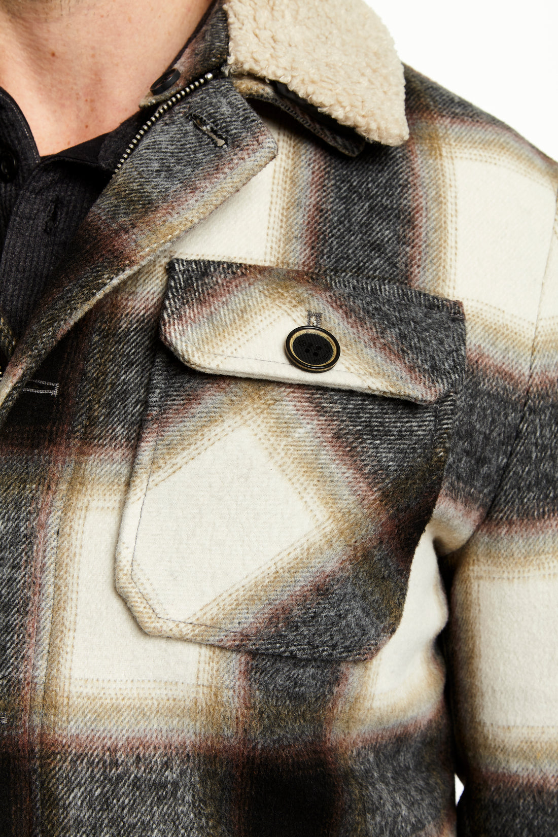 PLAID TRUCKER JACKET WITH SHERPA TRIM