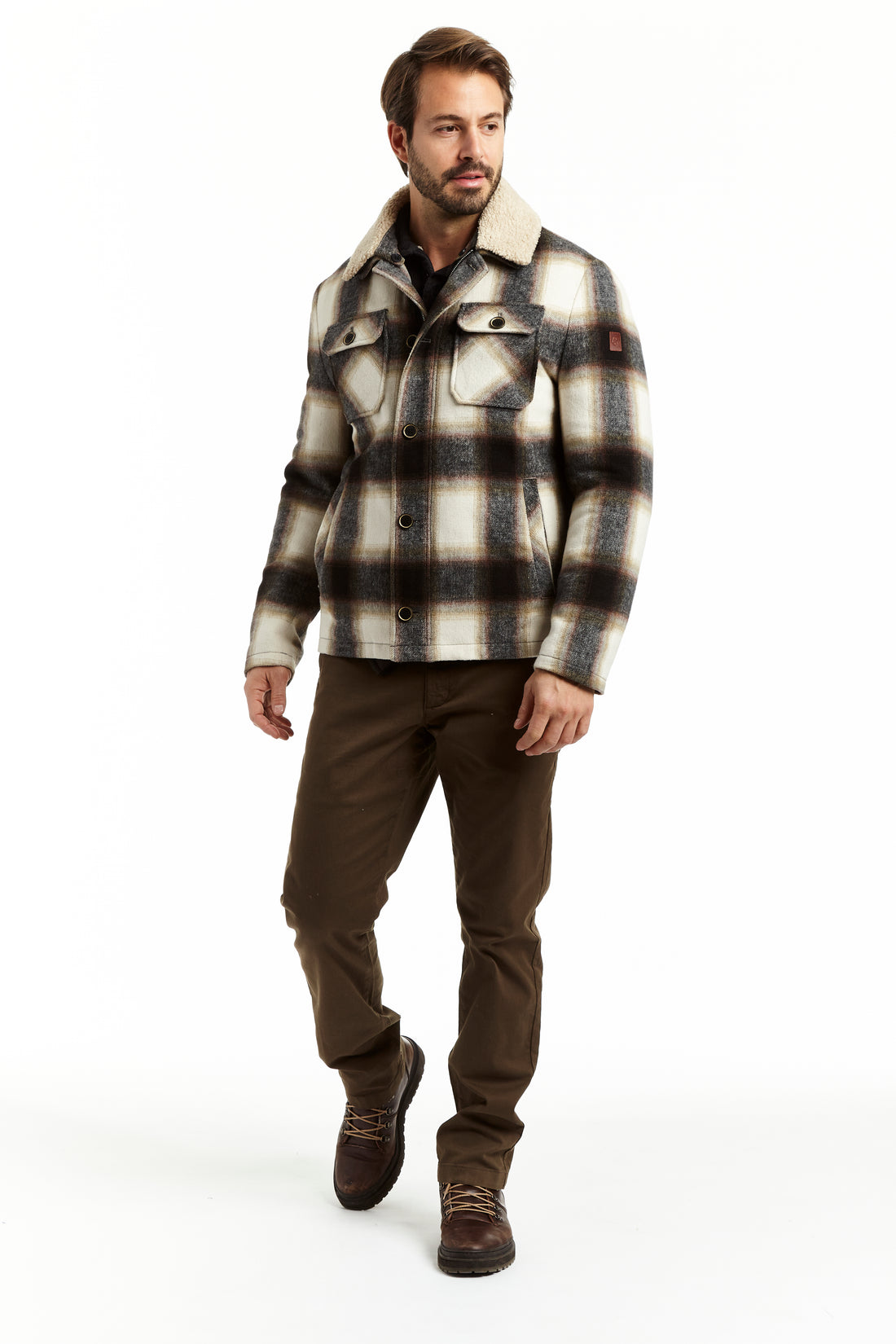 PLAID TRUCKER JACKET WITH SHERPA TRIM